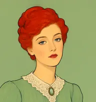 Illustrated portrait of Anne: about 16, auburn-red, thick and worn in a long braid, sage-green blouse with puffed sleeves