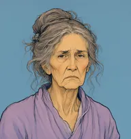 Illustrated portrait of Aunt Atossa: about 68, rusty grey, untidy, straggling loose, faded lilac wrapper