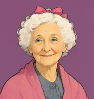 Illustrated portrait of Aunt Jamesina: about 75, snow-white, short soft curls, rose-pink shawl over a grey-blue dress