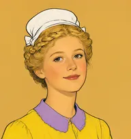 Illustrated portrait of Charlotta the Fourth: about 17, tow-yellow, one thick braid, cherry-red gingham frock