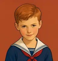 Illustrated portrait of Davy: about 7, tousled carroty-red, rust-orange cotton shirt with a patched collar