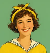 Illustrated portrait of Dorothy Gardner: about 19, short curly chestnut, windblown, yellow sweater with a sailor collar
