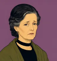 Illustrated portrait of Eliza Andrews: about 57, raven-black streaked with grey, in a low coiled plait, black dress with a dull olive shawl