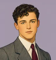 Illustrated portrait of Gilbert Blythe: about 18, short curly dark-brown, grey tweed jacket with a burgundy necktie