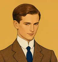 Illustrated portrait of Gilbert: about 22, chestnut-brown, wavy and swept back, russet-brown tweed jacket with a stiff white collar