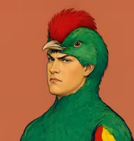 Illustrated portrait of Ginger: bright green head feathers, emerald plumage with a yellow-red wing patch