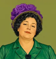 Illustrated portrait of Harmon Andrews: about 50, coarse greying black, crimped, emerald-green silk with a jet brooch