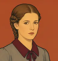Illustrated portrait of Jane Andrews: about 21, plain mouse-brown, flat parted and braided, dun-grey dress with a maroon collar ribbon