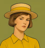 Illustrated portrait of Jane: about 17, light-brown, in a short straight bob, mustard-yellow shirtwaist with a dark skirt