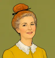 Illustrated portrait of Janet: about 45, faded ginger streaked with grey, coiled in a high top-knot, mustard-yellow dress with a white collar