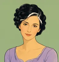 Illustrated portrait of Miss Lavendar: about 45, snowy white, in soft girlish ringlets, lavender muslin dress with a lace fichu