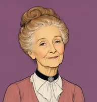 Illustrated portrait of Miss Patty: about 72, jet-black streaked with white, swept back in a severe chignon, burgundy silk gown with a black lace fichu