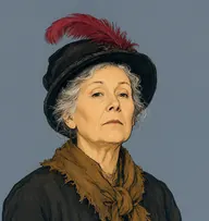 Illustrated portrait of Miss Sarah: thin white wisps escaping the bonnet, shabby rusty-black dress with a frayed ochre scarf