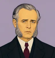 Illustrated portrait of Mr. Douglas: about 52, thinning grey, combed over, Sunday black coat with a stiff collar and a maroon tie