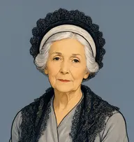 Illustrated portrait of Mrs. Douglas: about 78, silver, smooth bands under a cap, dove-grey silk dress with a black lace shawl
