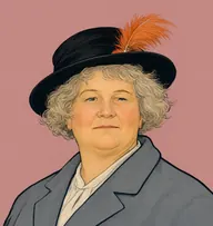 Illustrated portrait of Mrs. Skinner: about 50, faded blond going grey, frizzy bob under a hat, slate-grey dust coat