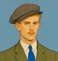 Illustrated portrait of Oliver Sloane: close-cropped fair-ginger, olive jacket with a bright blue necktie