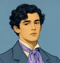 Illustrated portrait of Paul: about 13, dark curls, tousled, brown knickerbocker jacket with a wide sailor collar
