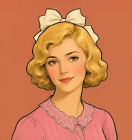 Illustrated portrait of Phil Gordon: about 20, golden-blond, loose waved bob-length pompadour, rose-pink blouse with a lace collar
