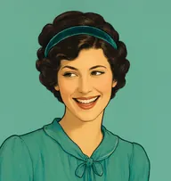 Illustrated portrait of Priscilla Grant: about 20, golden blond, in a low side-swept wave, pale-blue silk blouse