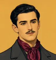 Illustrated portrait of Roy Gardner: about 24, glossy black, sleek and side-parted, charcoal overcoat with a burgundy silk scarf
