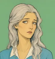 Illustrated portrait of Ruby Gillis: about 22, silvery-blond, long and loose over the shoulders, powder-blue wrapper with a white collar