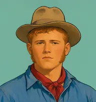 Illustrated portrait of Sam: about 27, sandy-red, cropped, blue denim work shirt with a red neckerchief