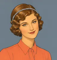 Illustrated portrait of Stella Maynard: about 23, honey-brown, glossy marcelled bob with finger waves, coral-orange blouse with a high collar