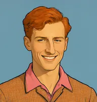 Illustrated portrait of Guffy Randall: about 25, ginger hair, tousled, a hunting-pink-collared check jacket in orange-brown