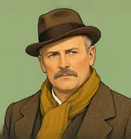 Illustrated portrait of Inspector Pillow: about 50, thinning sandy hair, receding, a brown tweed overcoat with mustard scarf