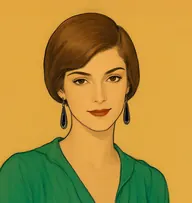 Illustrated portrait of Meggie Oliphant: about 28, sleek bronze hair in a short sleek bob, an emerald-green crêpe frock