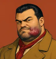 Illustrated portrait of Wendon: about 38, black greased hair, slicked back, a mustard-brown overcoat