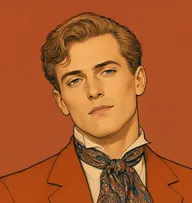 Illustrated portrait of Wyatt Petrie: about 32, sandy-brown hair swept back, a rust-orange smoking jacket