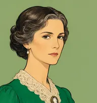 Illustrated portrait of Caroline Beaufort: about 40, dark brown streaked with grey, coiled in a low chignon, an emerald-green gown with a cream lace collar