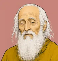 Illustrated portrait of De Lacey: about 75, white, long and silky, thin on top, a patched mustard-yellow woollen smock