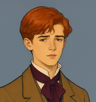 Illustrated portrait of Ernest: about 16, copper-red, floppy, a tobacco-brown jacket with a burgundy neckcloth