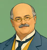 Illustrated portrait of Waldman: about 45, bald crown with grey fringe at the sides, a slate-blue frock coat with a saffron-yellow waistcoat