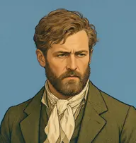 Illustrated portrait of Basil Hallward: about 42, tousled sandy-brown, untidy, an olive-green tweed jacket with open collar