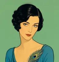 Illustrated portrait of Lady Ruxton: about 40, jet black, sleek, waved, a peacock-blue evening dress