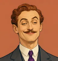 Illustrated portrait of Lord Henry: about 38, auburn, wavy, swept back from a receding brow, a plum-purple silk tie and charcoal morning coat