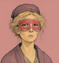 Illustrated portrait of Mrs. Vane: about 48, faded dyed blonde, frizzed, a worn mauve shawl over a dingy dress