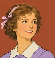 Illustrated portrait of Sibyl Vane: about 17, light brown, loose curls with a ribbon, a lavender cotton dress with white collar