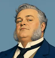 Illustrated portrait of Sir Thomas: about 55, iron-grey, thinning, combed over, a navy frock coat with a buff waistcoat